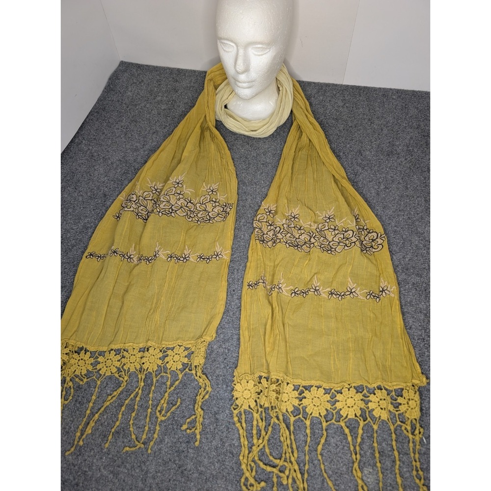 Ombre Yellow Boho Hippie Scarf Wrap Embroidered Flowers Knit Daisies Scrunch Y2k